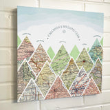 [Canvas Wrap|16x16|13 Maps] Mountain scape relief with inset maps and geometric clouds above.