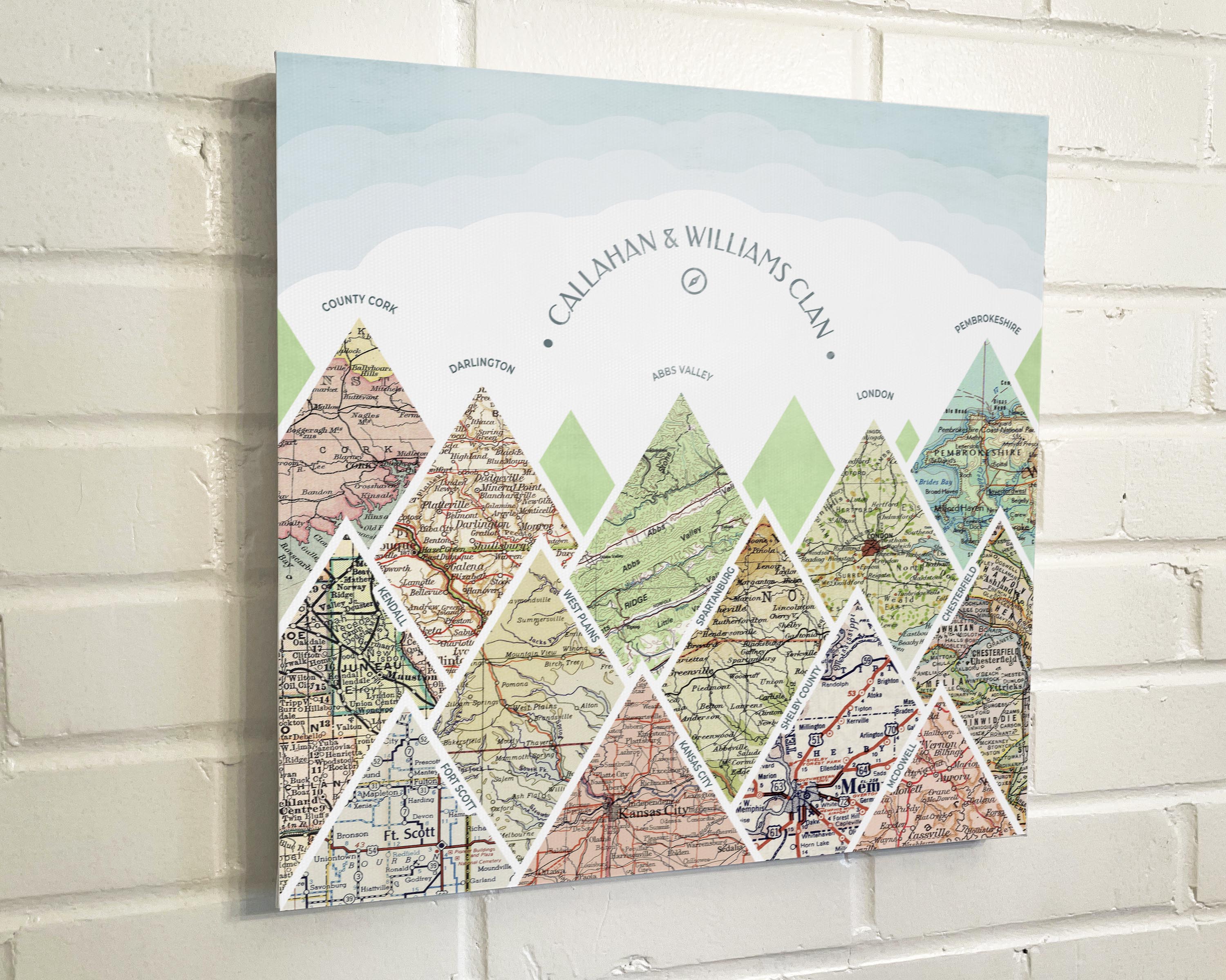 [Canvas Wrap|16x16|13 Maps] Mountain scape relief with inset maps and geometric clouds above.