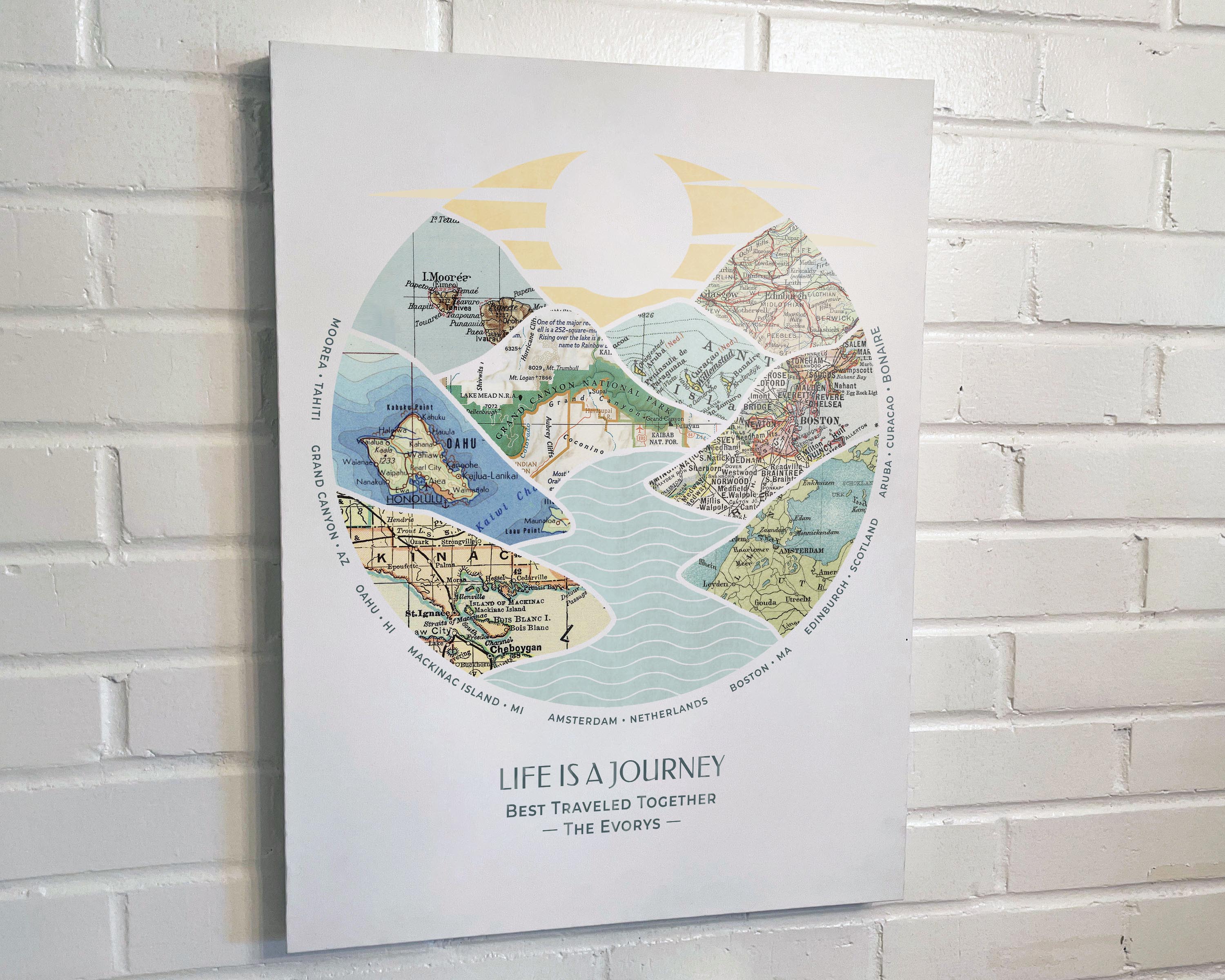 [Canvas Wrap|18x24|8 Maps] River scape relief with inset maps in hills.
