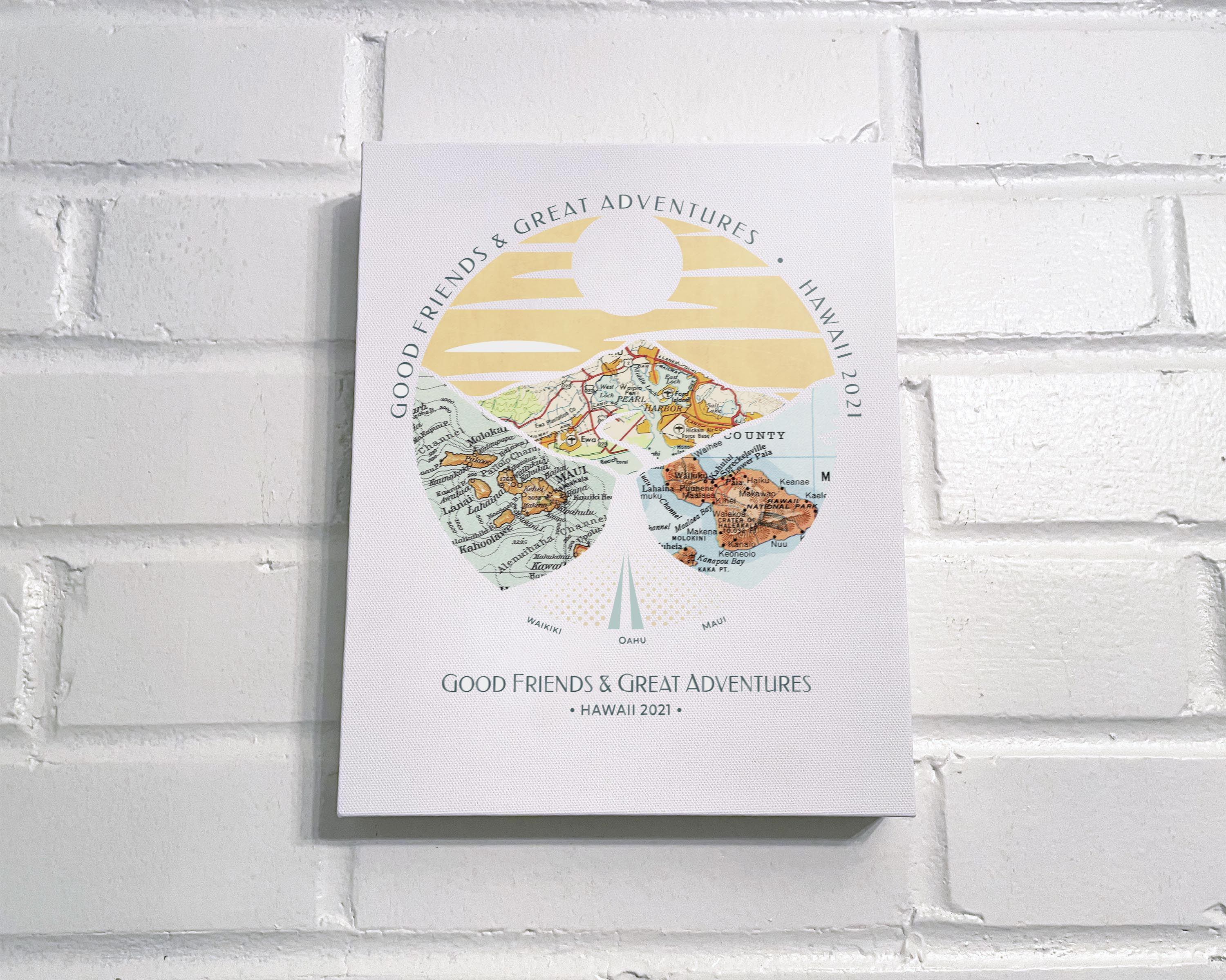 [Canvas Wrap|8x10|3 Maps|Alternate Coloring] Relief of hills and highway into the horizon, with inset maps. On a white brick wall.
