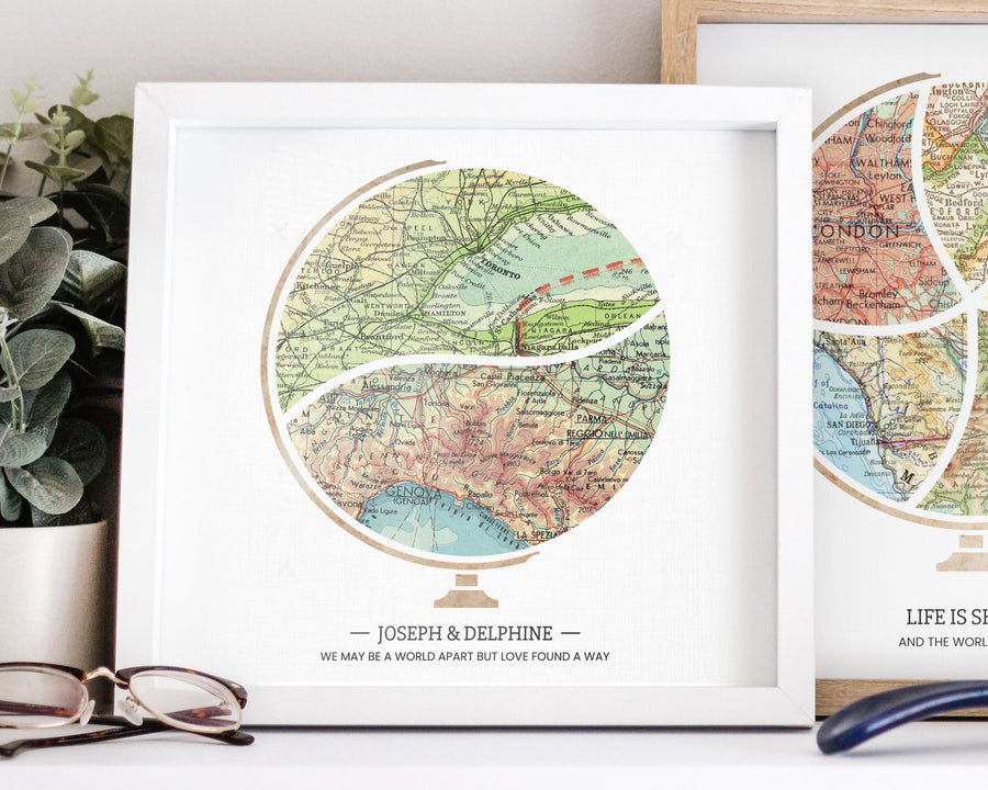 Terra Carta™ Map Print with two maps, resting on a nightstand next to another artwork, a succulent, and a pair of glasses