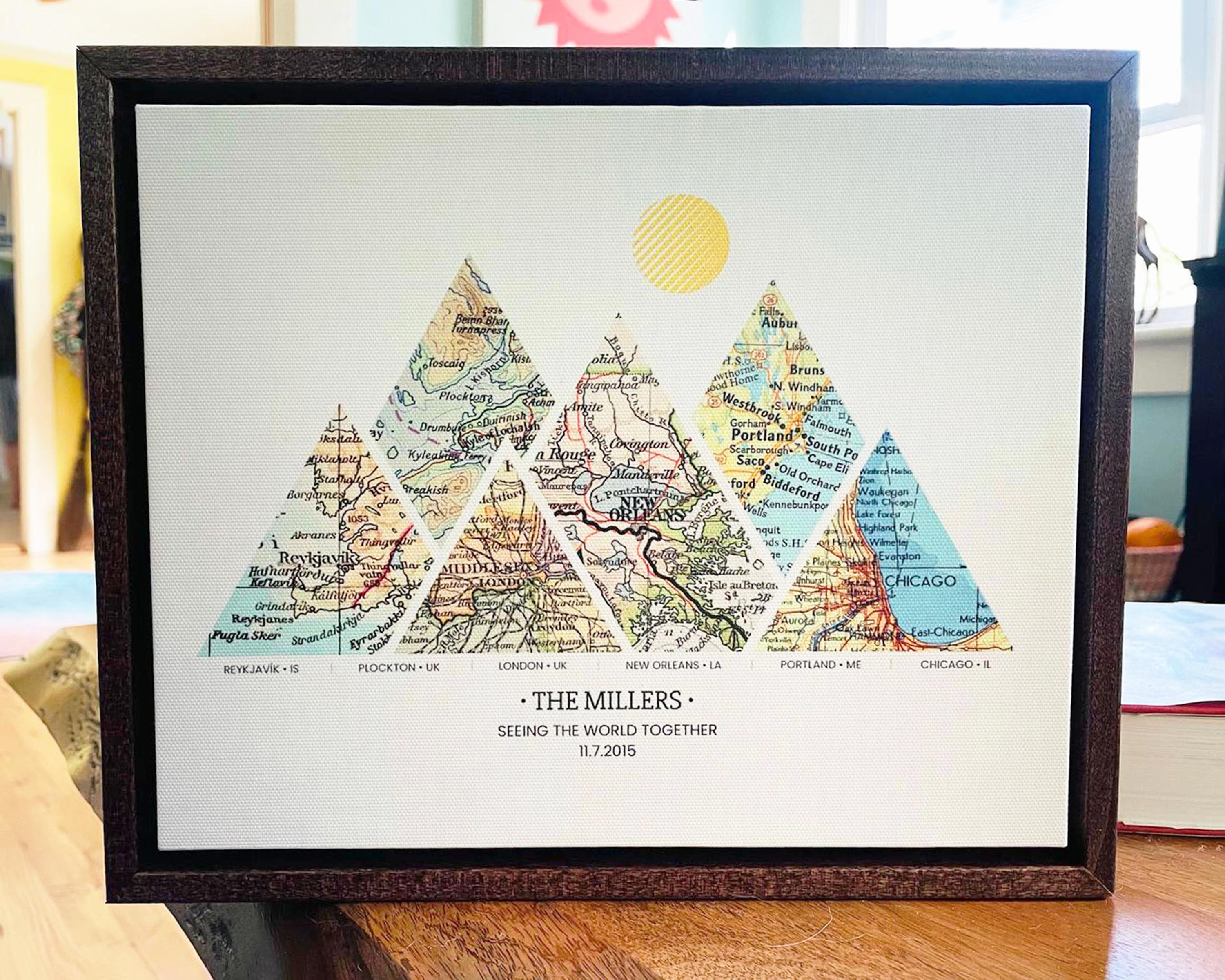 [Walnut Canvas|10x8|6 Maps] Mountain shaped relief with insert maps.
