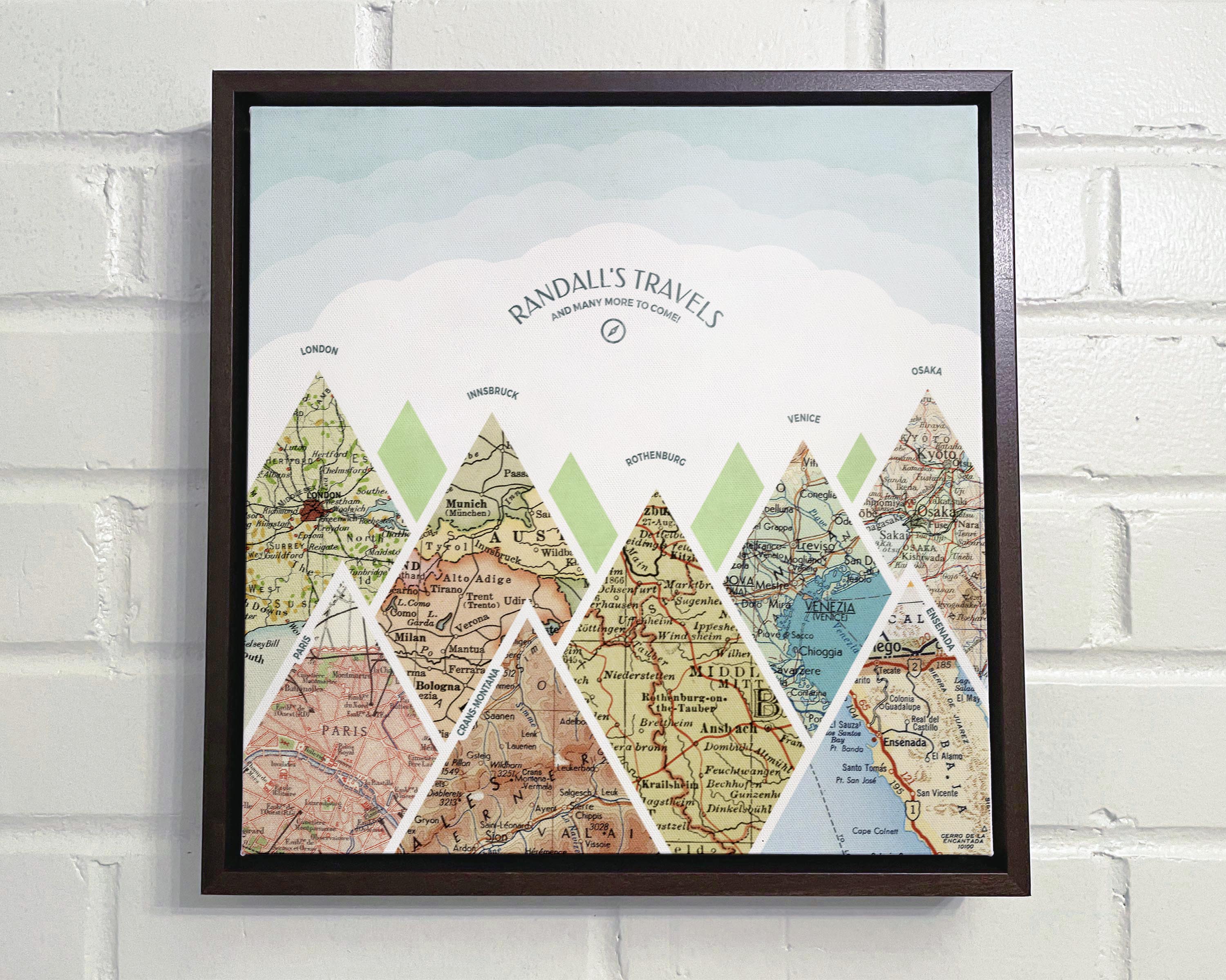 [Walnut Canvas|12x12|8 Maps] Mountain scape relief with inset maps and geometric clouds above.