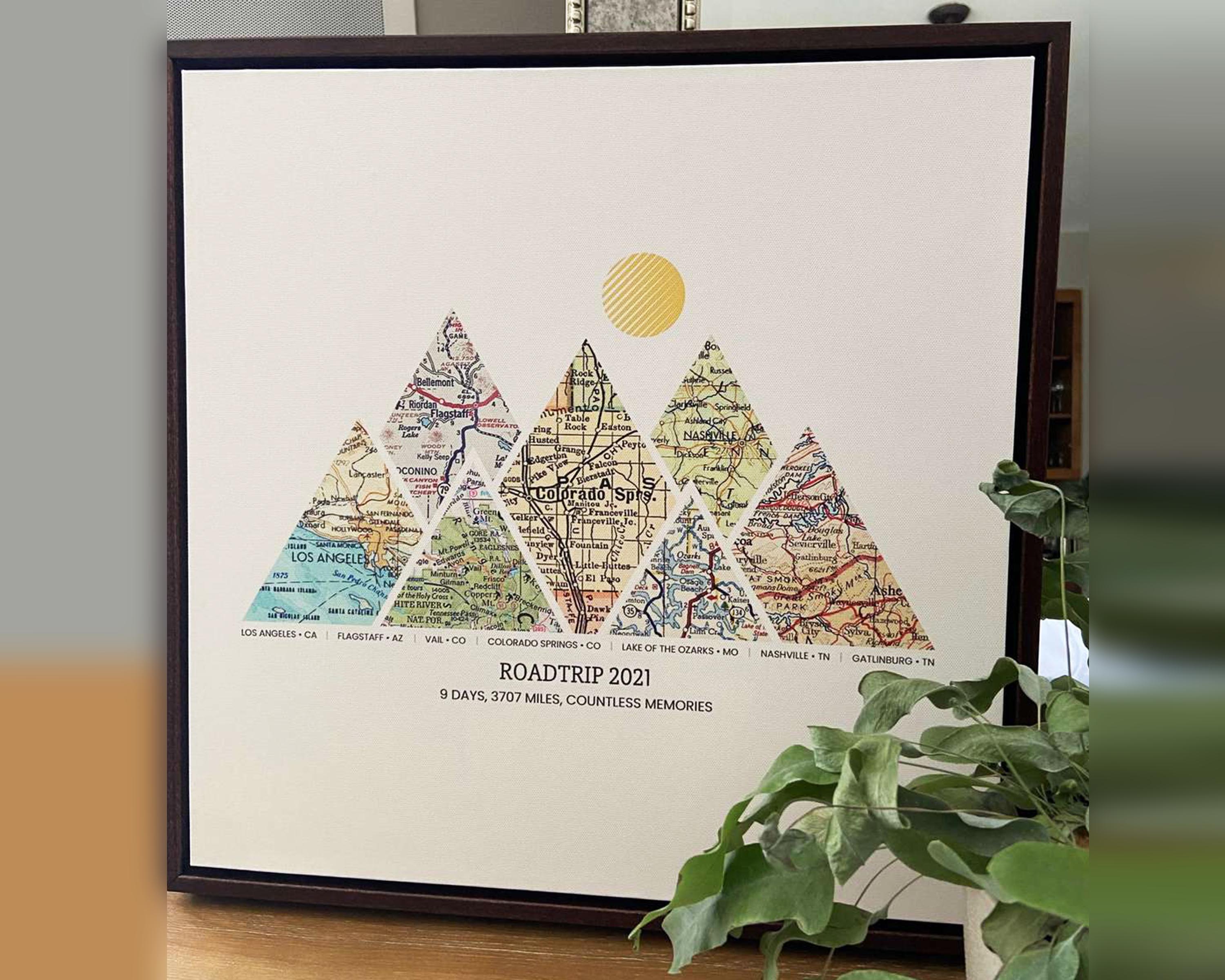 [Walnut Canvas|16x16|7 Maps] Mountain shaped relief with insert maps.