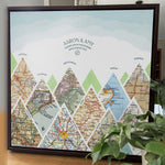 [Walnut Canvas|16x16|10 Maps] Mountain scape relief with inset maps and geometric clouds above.