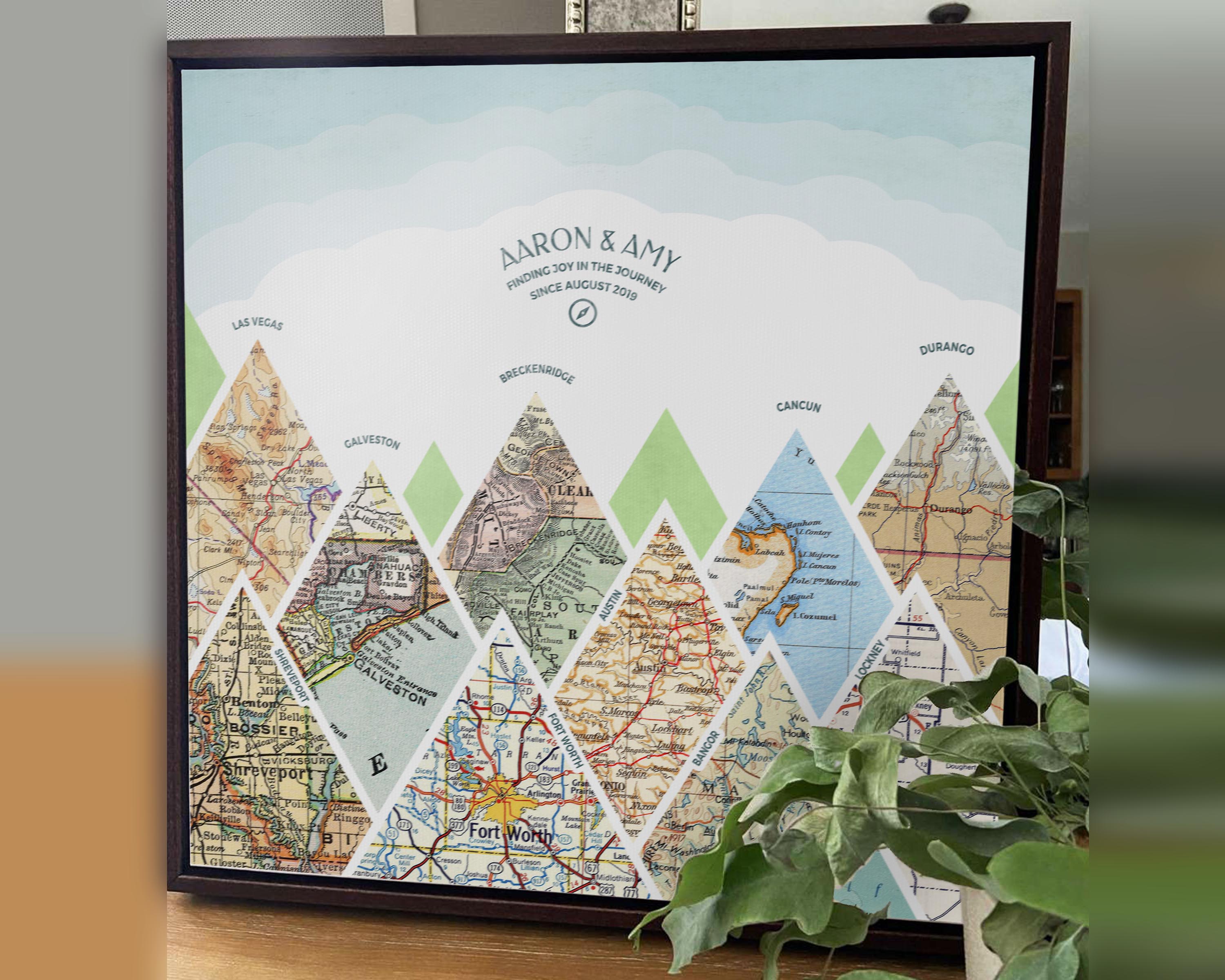 [Walnut Canvas|16x16|10 Maps] Mountain scape relief with inset maps and geometric clouds above.