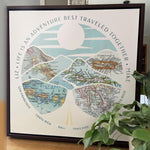 [Walnut Canvas|16x16|6 Maps] Relief of hills and highway into the horizon, with inset maps. Some plants in foreground
