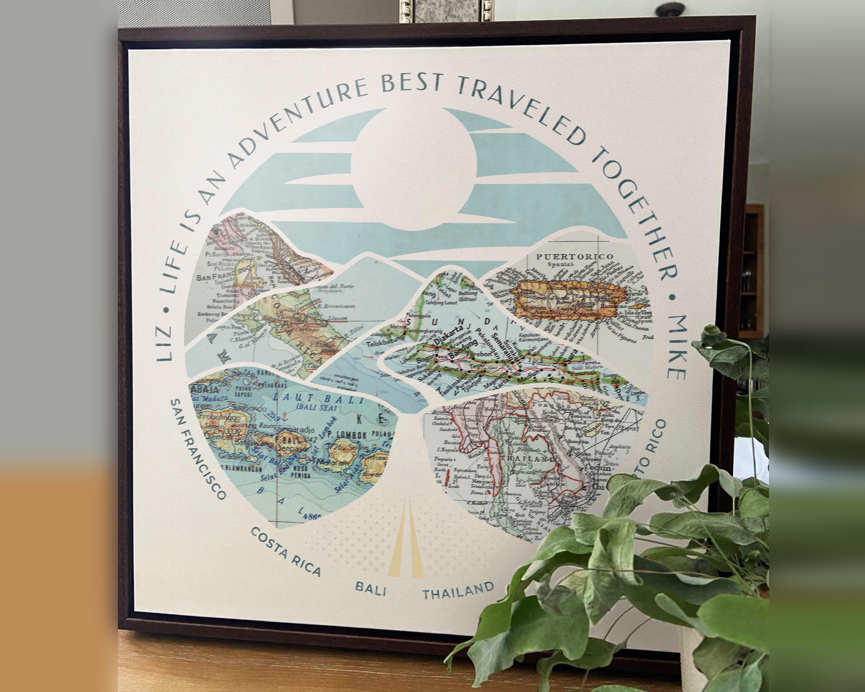 [Walnut Canvas|16x16|6 Maps] Relief of hills and highway into the horizon, with inset maps. Some plants in foreground