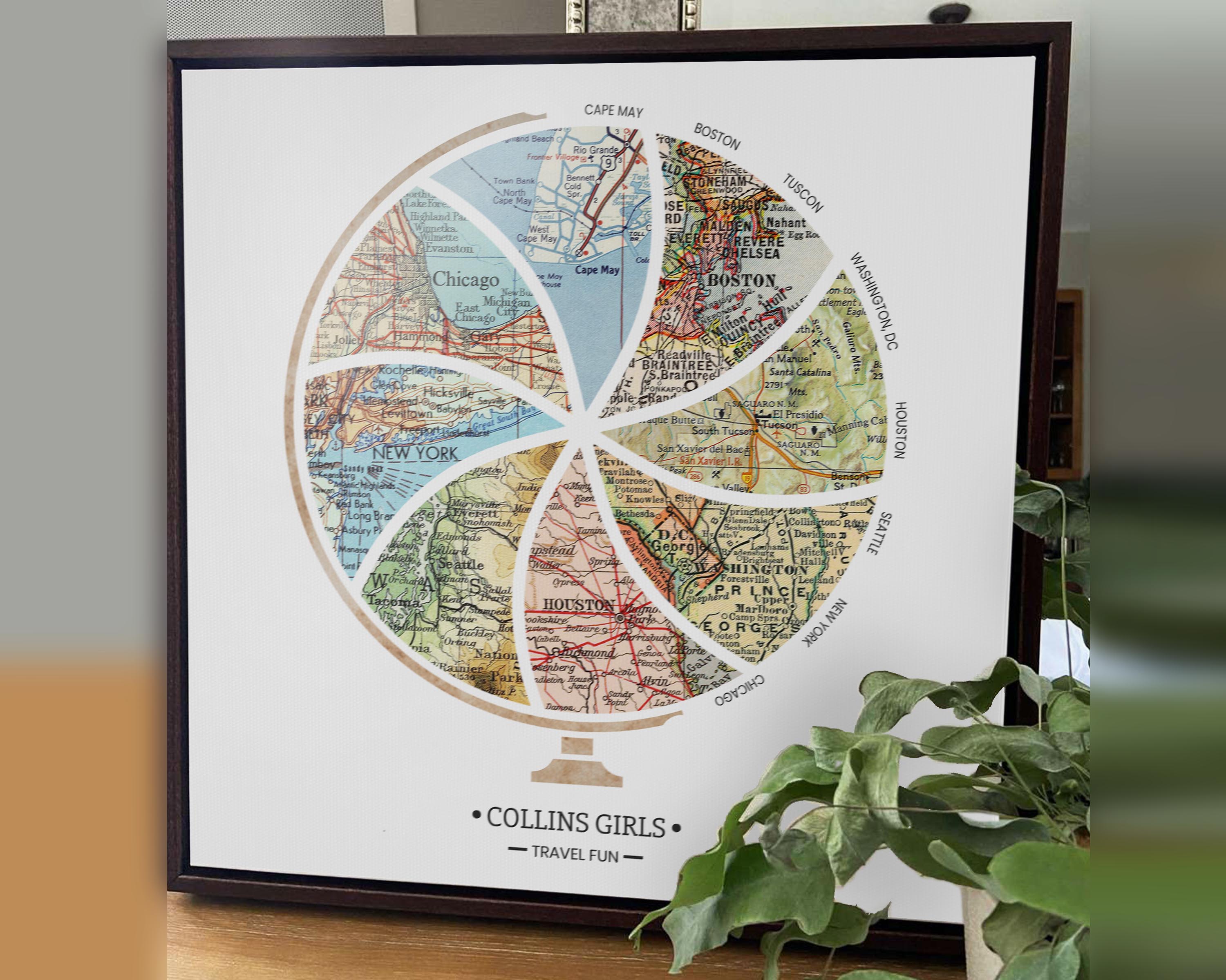 [Walnut Canvas|16x16|8 Maps] Globe and stand relief design with inset maps. Plant in foreground.