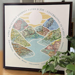[Walnut Canvas|16x16|8 Maps] Mountain scape relief with inset maps and geometric clouds above.