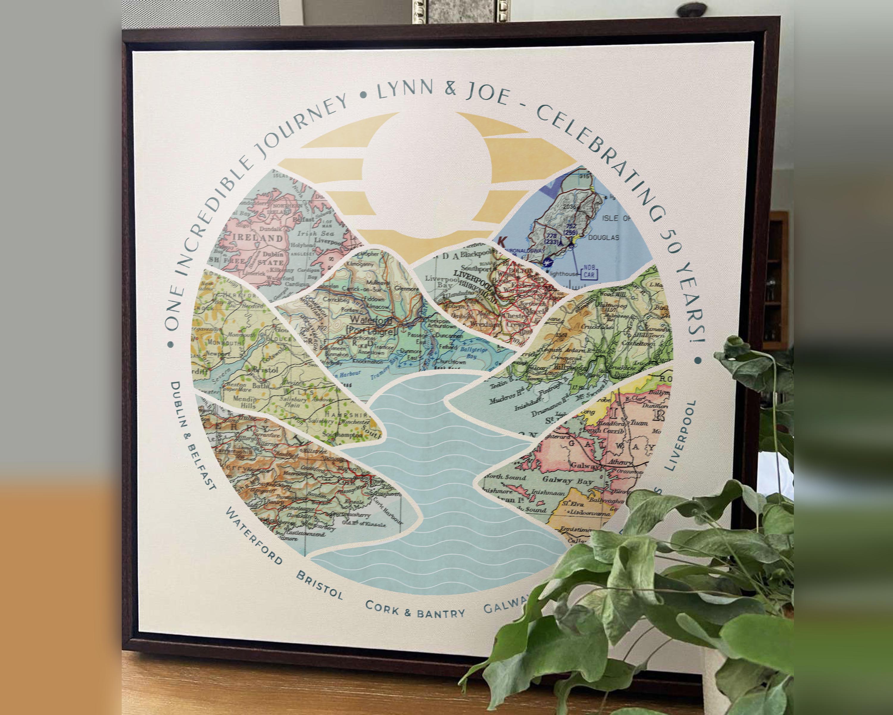 [Walnut Canvas|16x16|8 Maps] Mountain scape relief with inset maps and geometric clouds above.