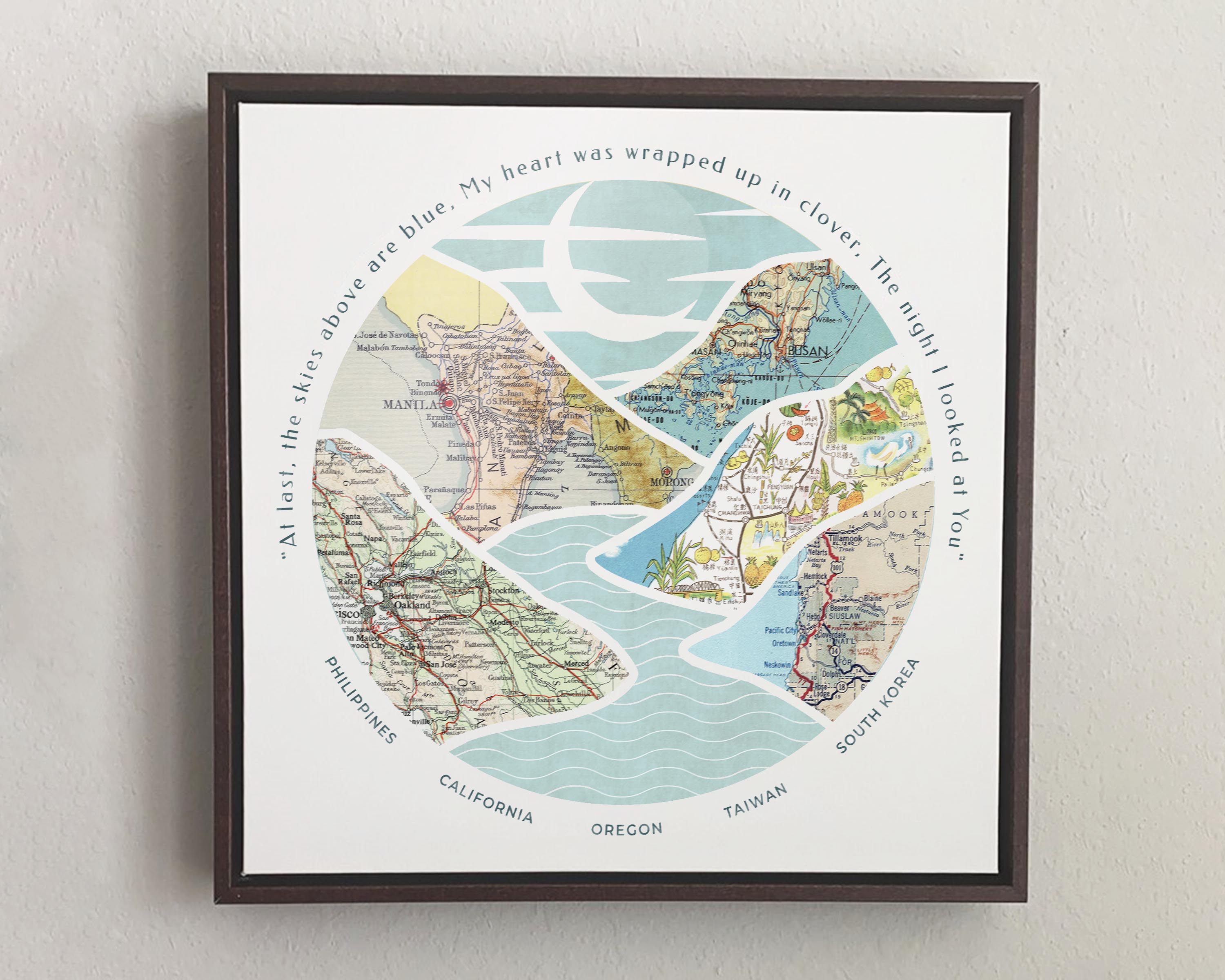 [Walnut Canvas|18x18|5 Maps] Relief of hills and highway into the horizon, with inset maps.