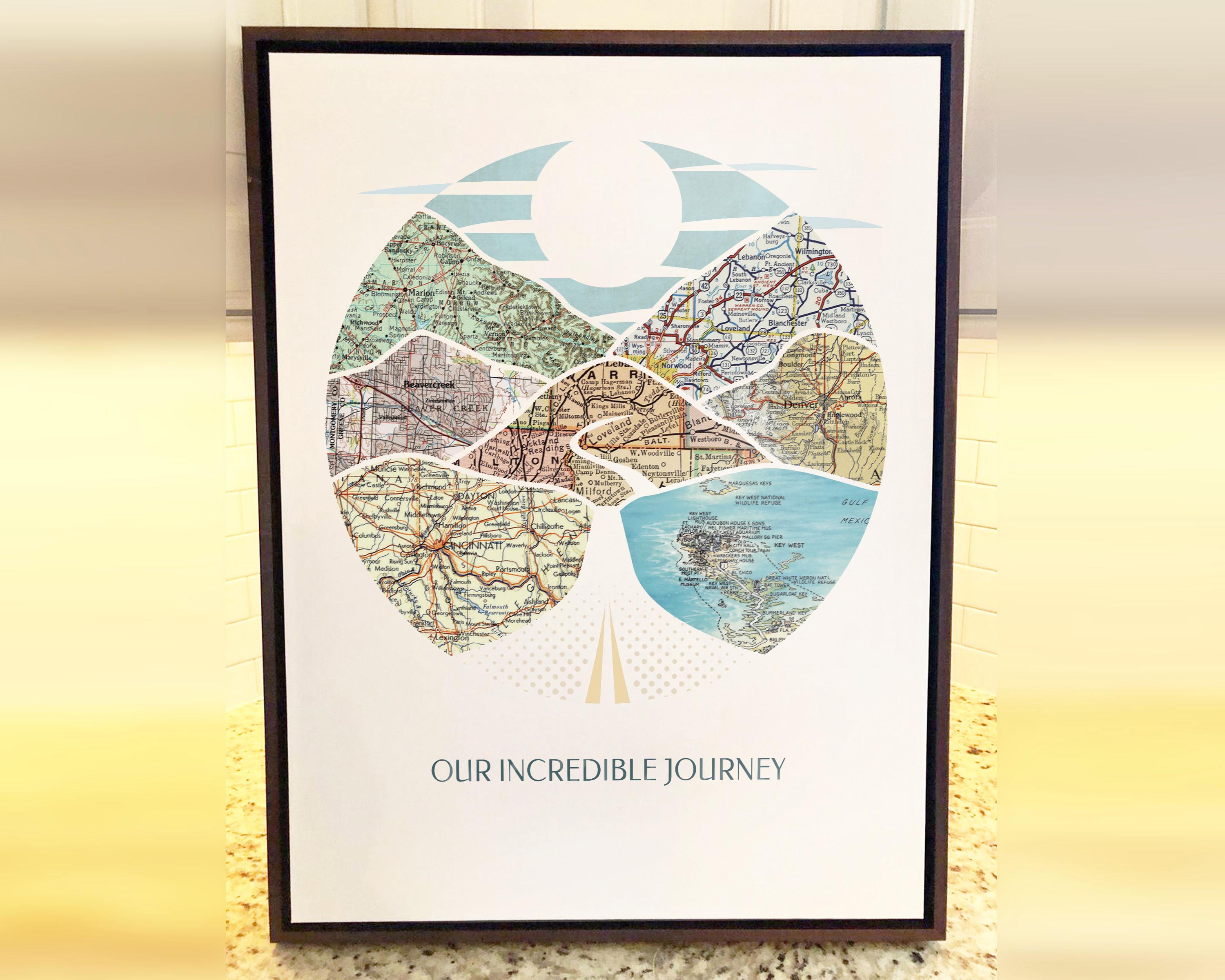 [Walnut Canvas|18x24|7 Maps] Relief of hills and highway into the horizon, with inset maps.