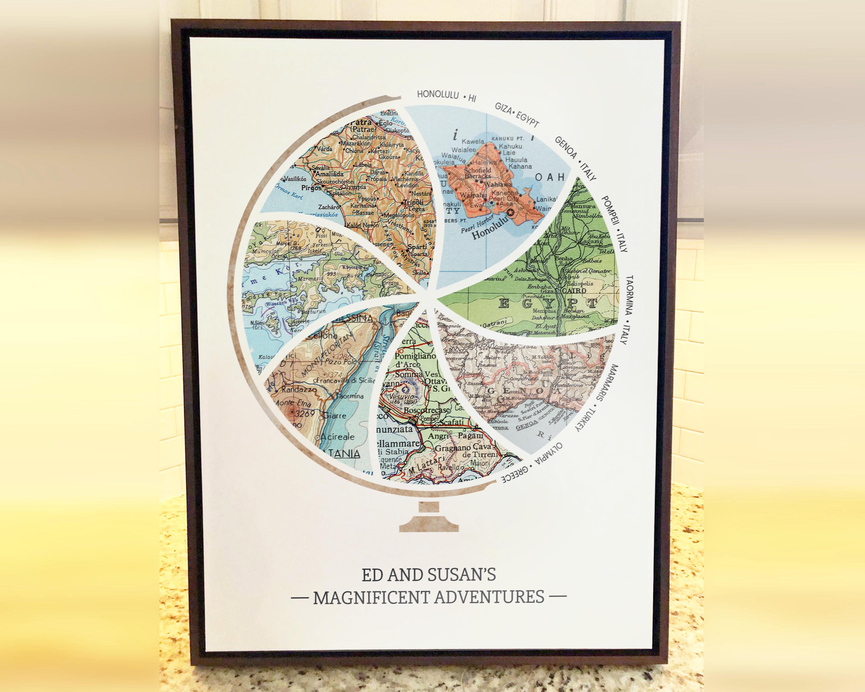 [Walnut Canvas|18x24|7 Maps] Globe and stand relief design with inset maps.