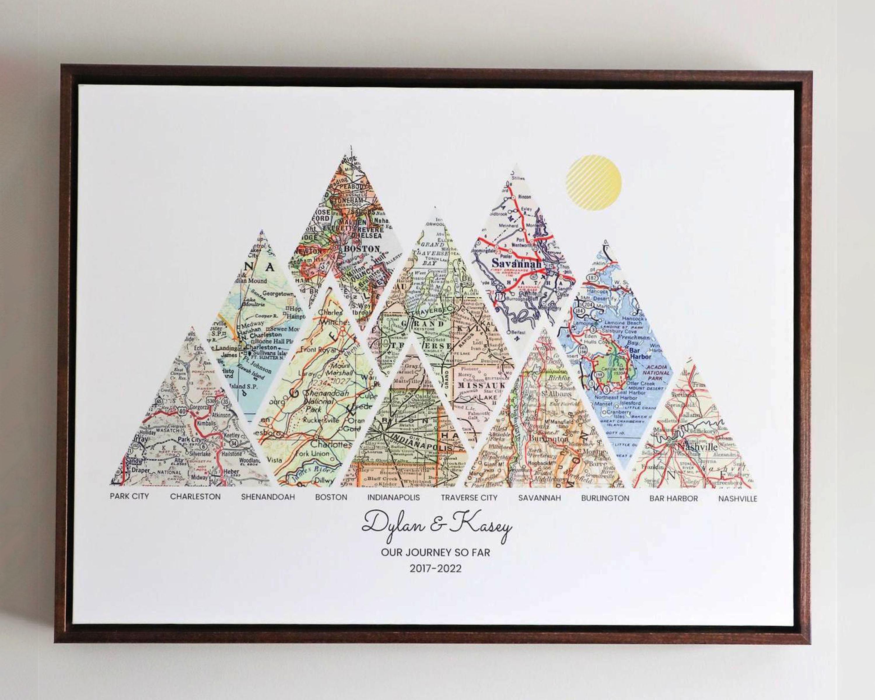 [Walnut Canvas|24x18|10 Maps] Mountain shaped relief with insert maps.