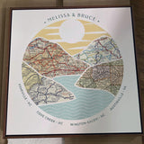 [Walnut Canvas|24x24|4 Maps] River scape relief with inset maps in hills.