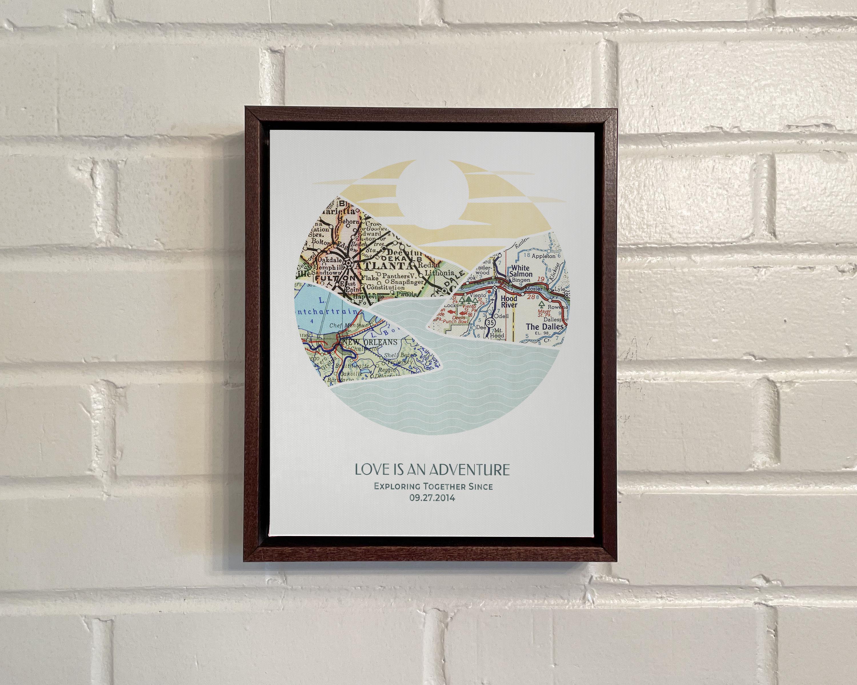 [Walnut Canvas|8x10|3 Maps] River scape relief with inset maps in hills.