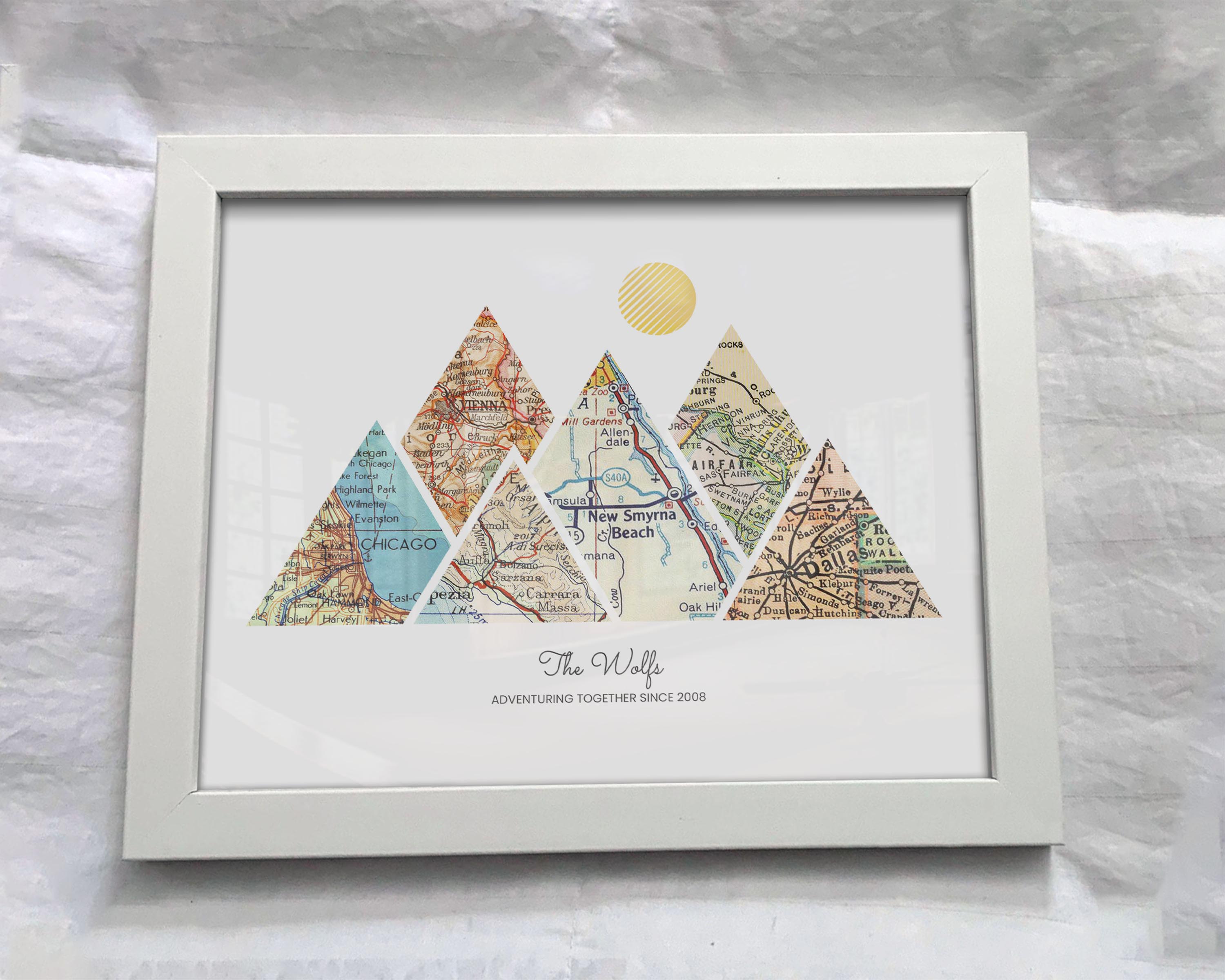 [White Frame|10x8|6 Maps] Mountain shaped relief with insert maps.