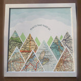 [White Frame|12x12|8 Maps] Mountain scape relief with inset maps and geometric clouds above.