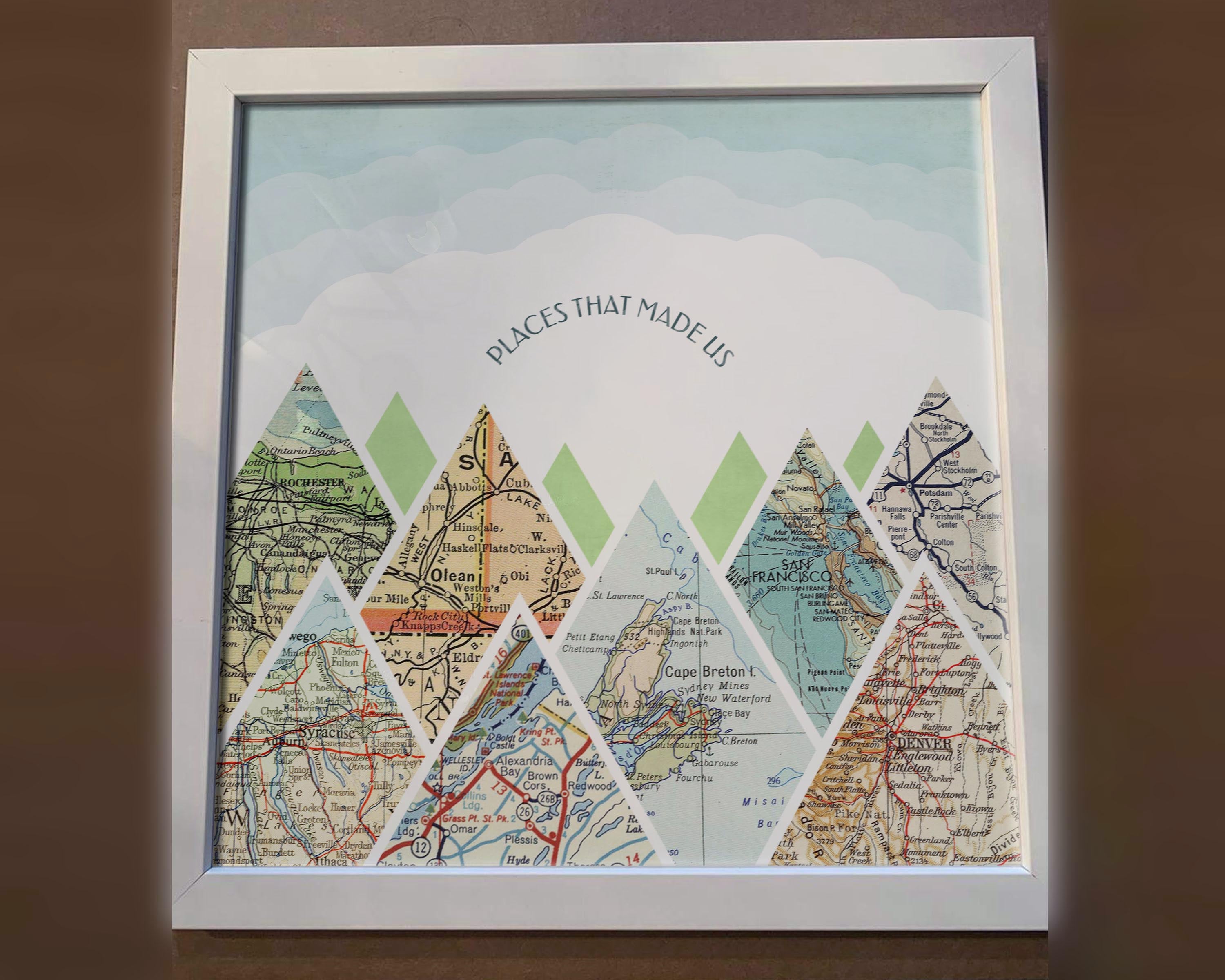 [White Frame|12x12|8 Maps] Mountain scape relief with inset maps and geometric clouds above.