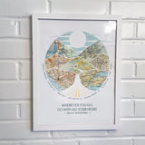 [White Frame|12x16|7 Maps] Relief of hills and highway into the horizon, with inset maps. On white brick wall