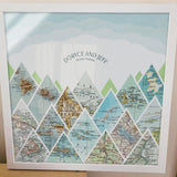 [White Frame|16x16|16 Maps] Mountain scape relief with inset maps and geometric clouds above.