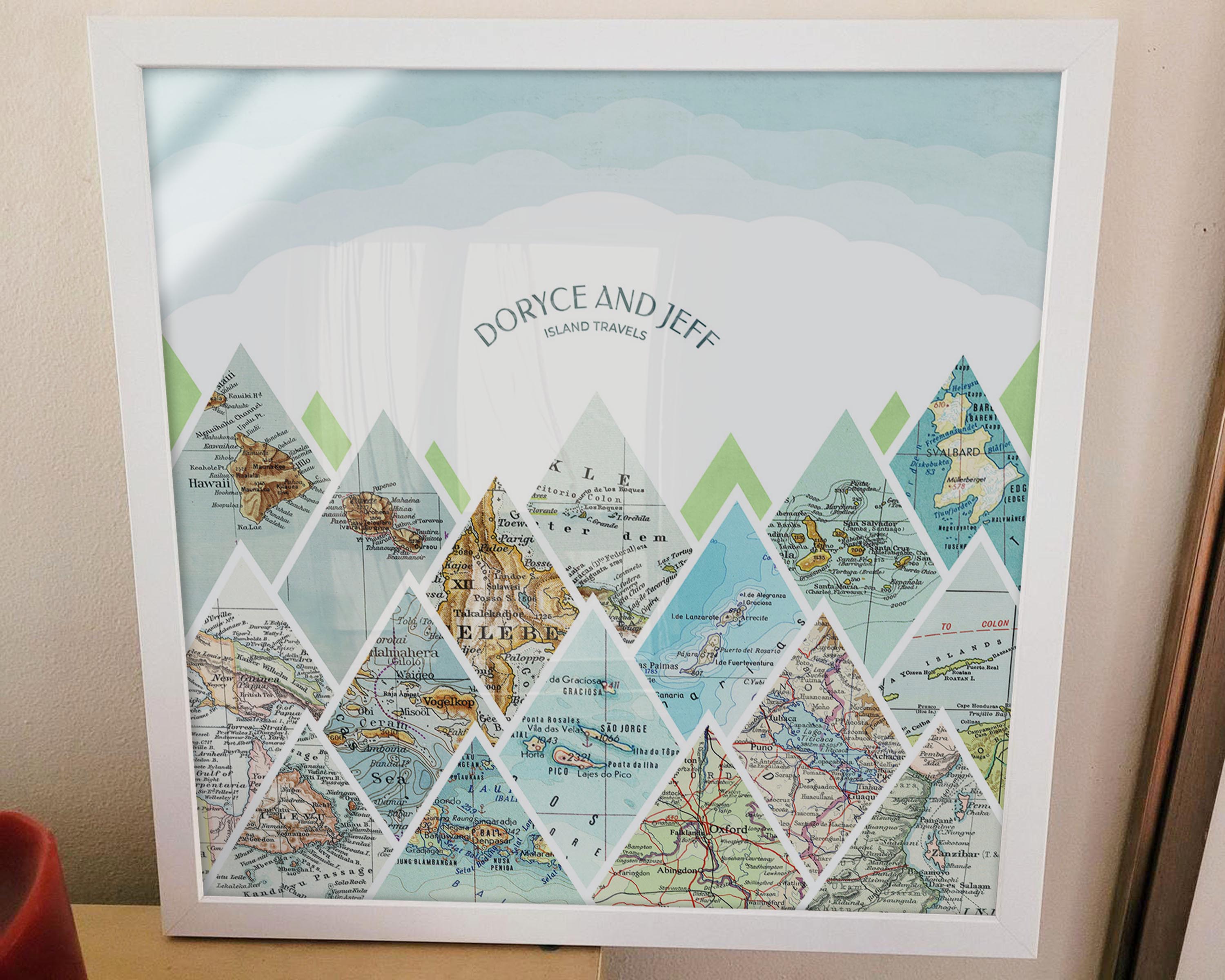 [White Frame|16x16|16 Maps] Mountain scape relief with inset maps and geometric clouds above.