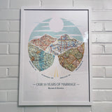 [White Frame|18x24|4 Maps] Relief of hills and highway into the horizon, with inset maps. On white brick wall