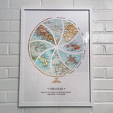 [White Frame|18x24|8 Maps] Globe and stand relief design with inset maps. On white brick wall
