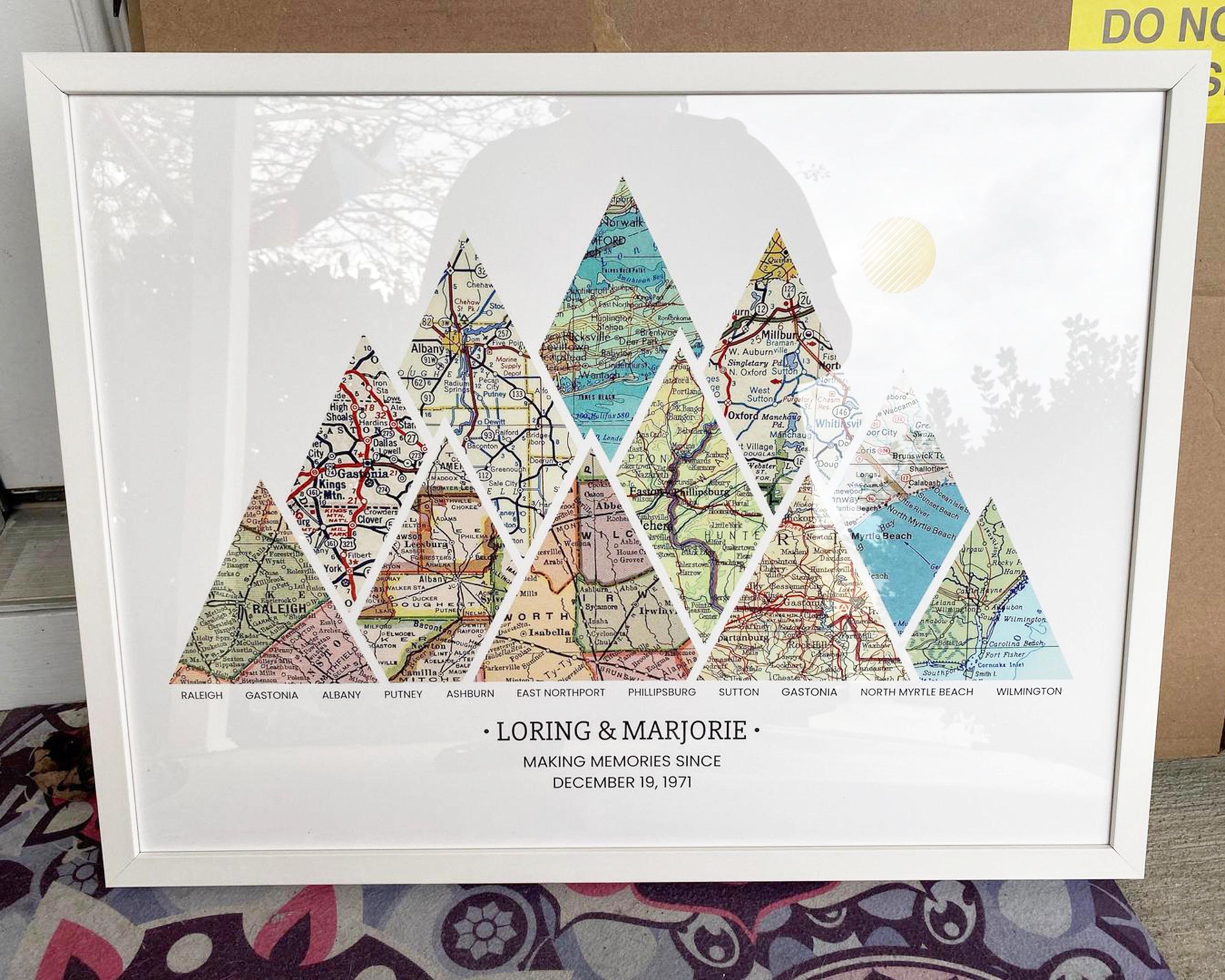 [White Frame|24x18|11 Maps] Mountain shaped relief with insert maps.