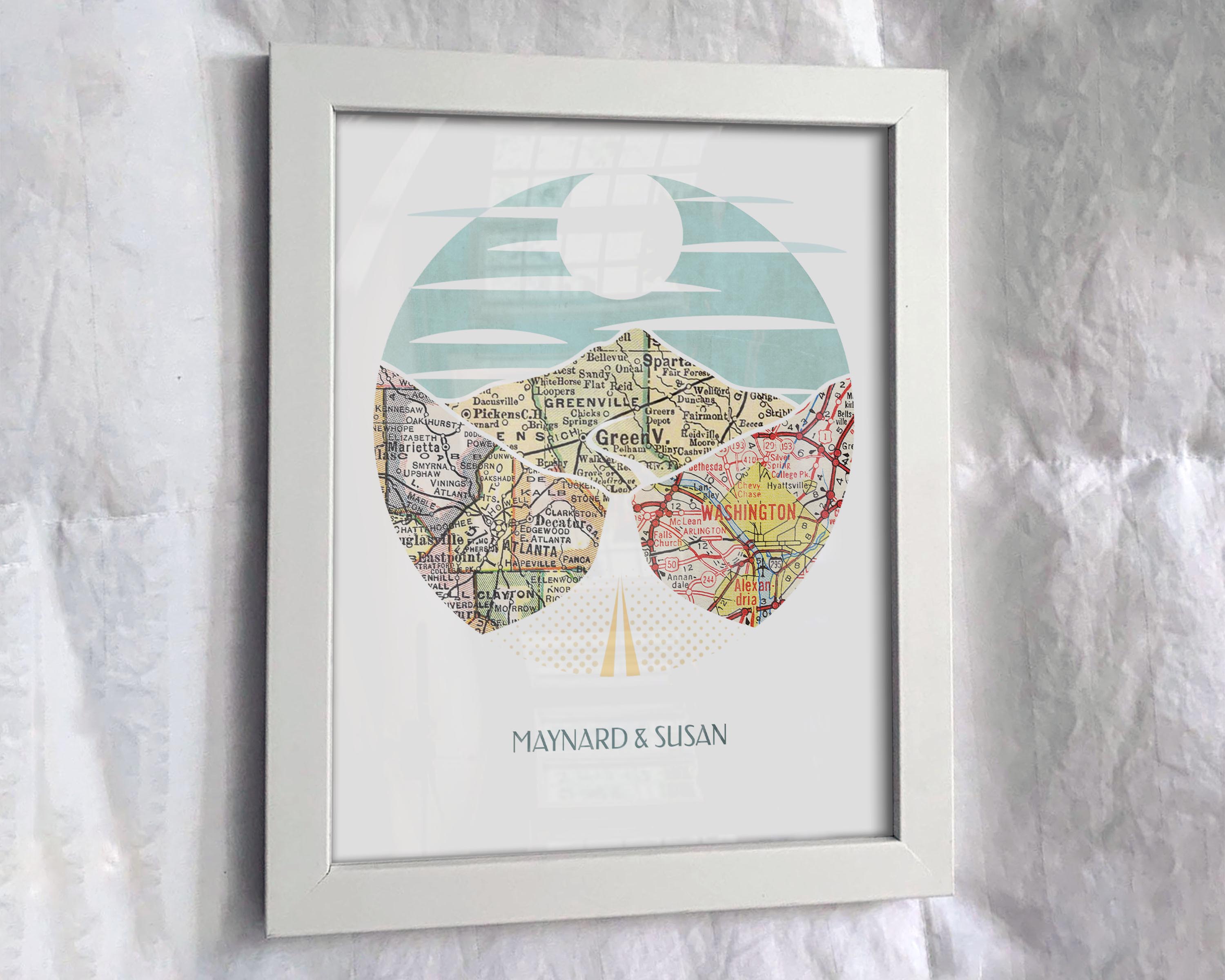 [White Frame|8x10|3 Maps] Relief of hills and highway into the horizon, with inset maps. On white paper