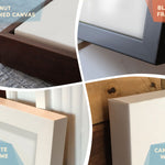 4 framing examples closeup: Walnut Framed Canvas, Black Frame, White Frame, Canvas Wrap.