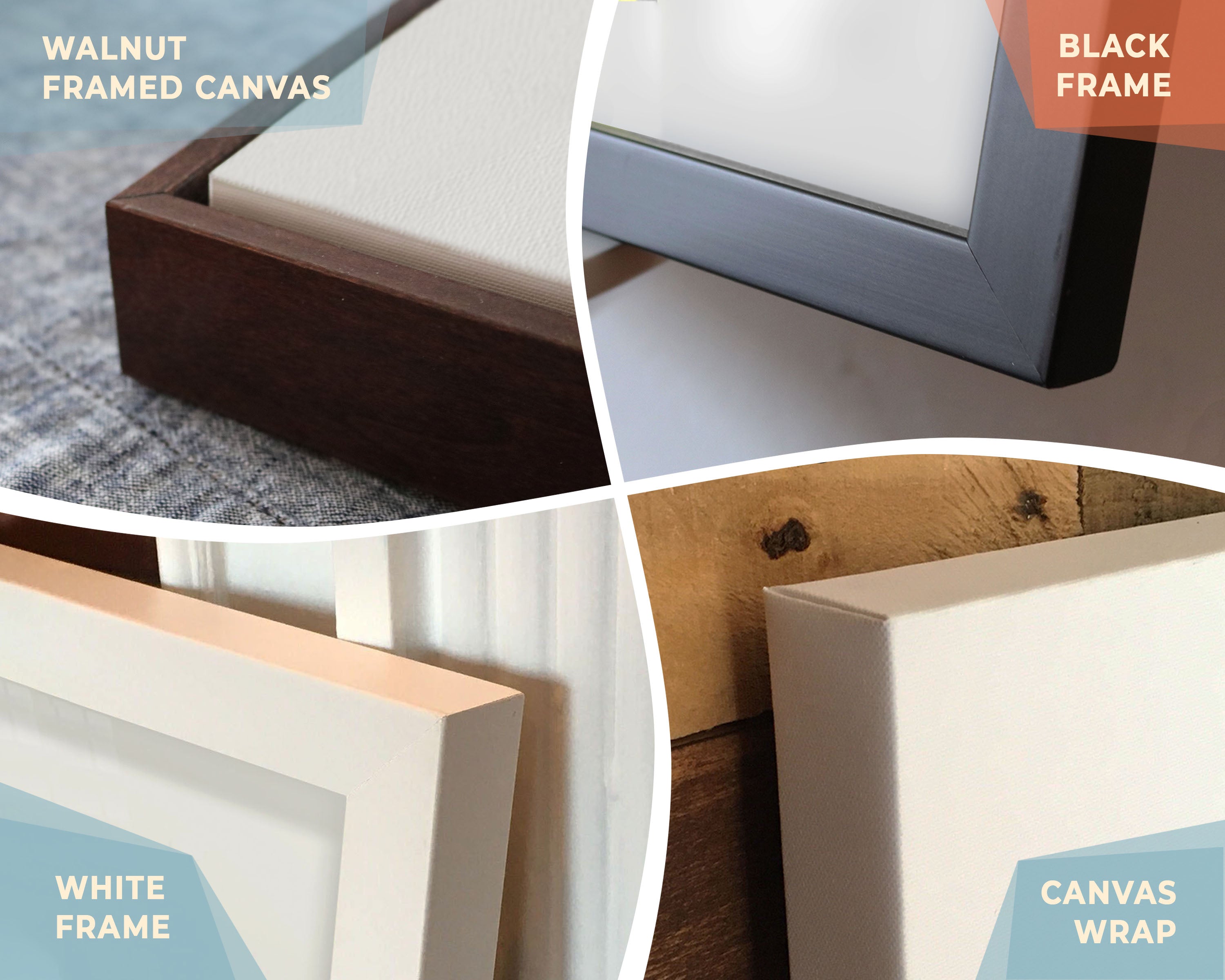 4 framing examples closeup: Walnut Framed Canvas, Black Frame, White Frame, Canvas Wrap.