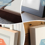 4 closeups of framing examples: Walnut Framed Canvas, Black Frame, White Frame, Canvas Wrap