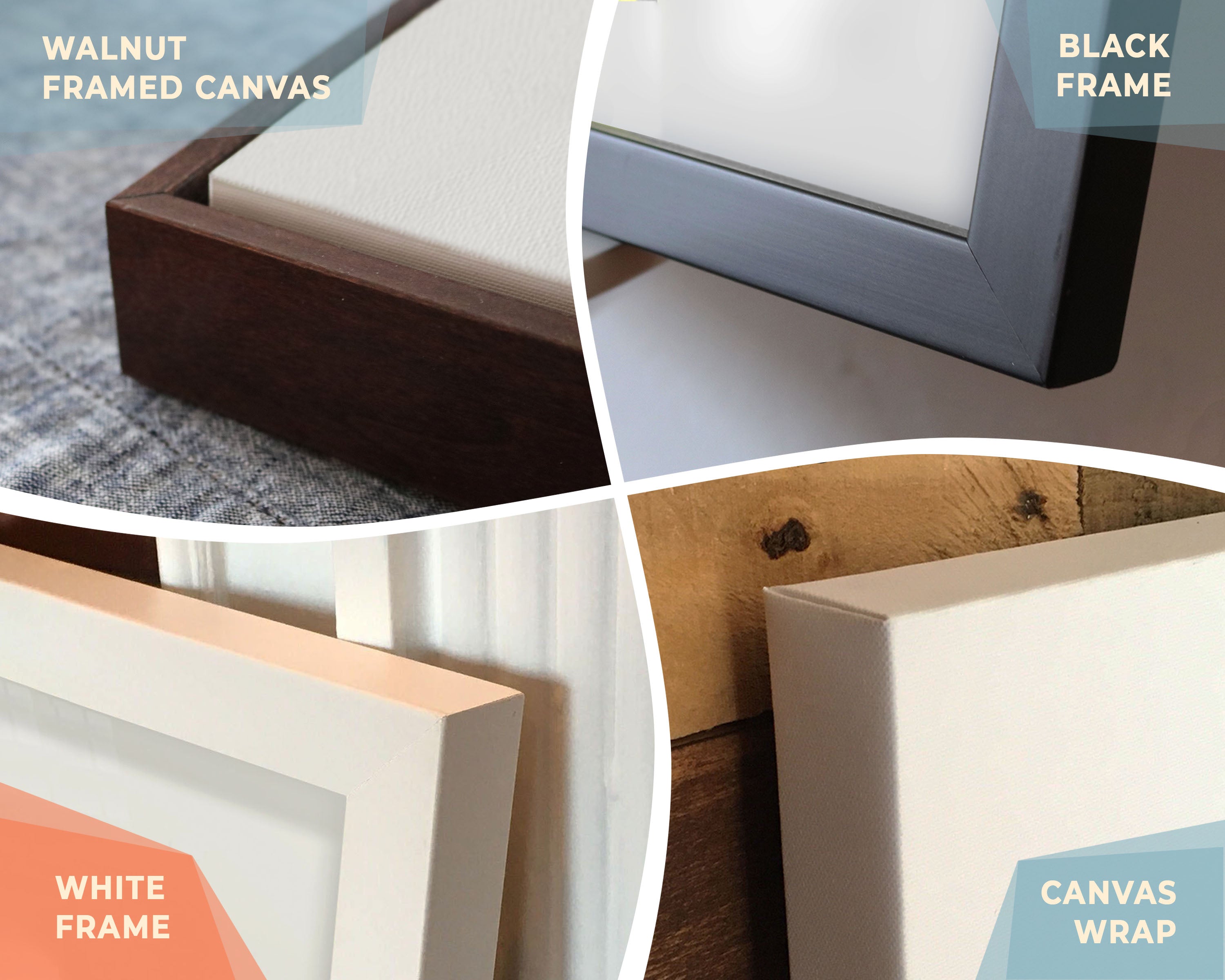 Closeups of the 4 frame options. Walnut Framed Canvas, Black Frame, White Frame, and Canvas Wrap