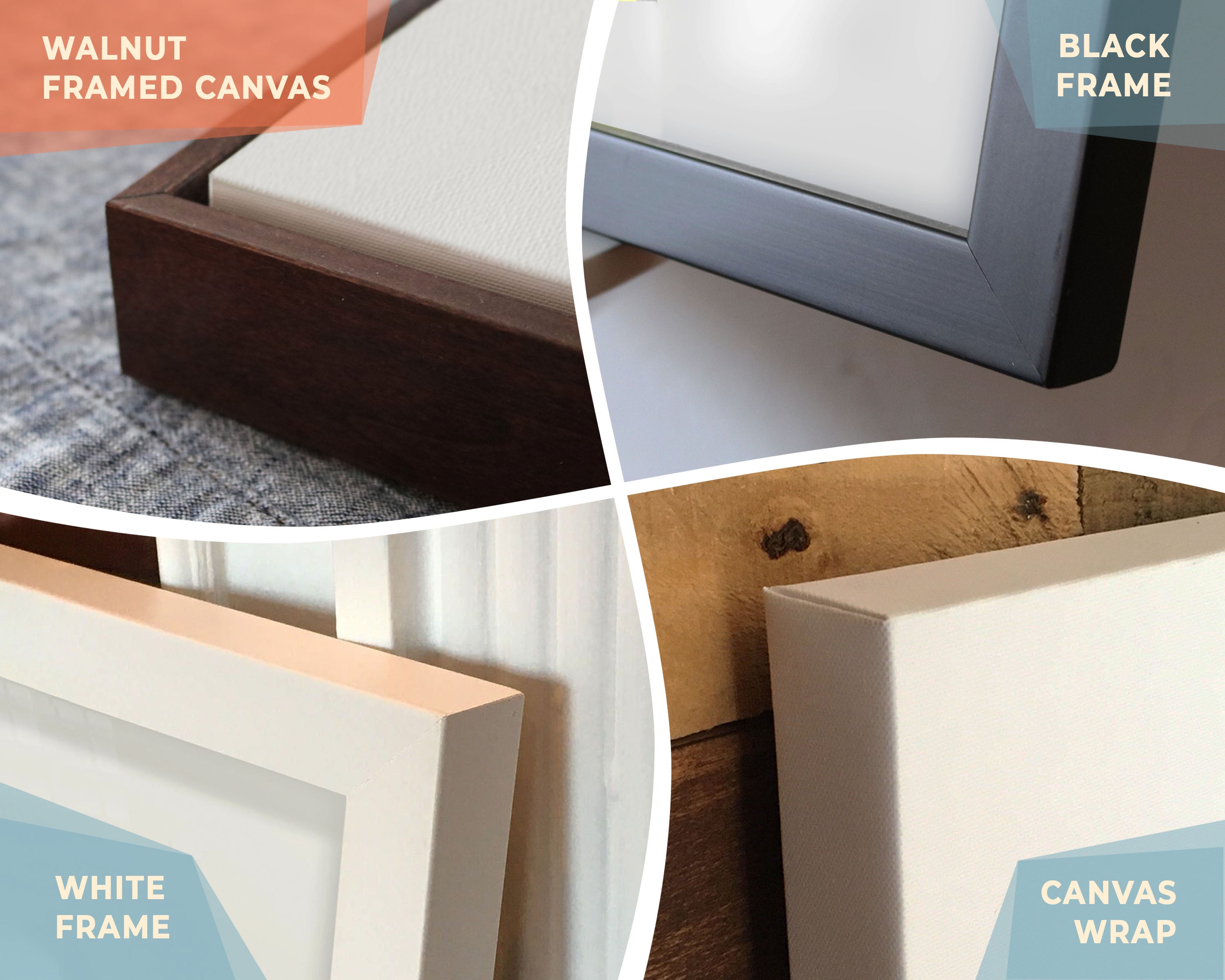 Closeup of framing options: Walnut Framed Canvas, Black Frame, White Frame, Canvas Wrap.