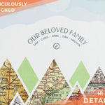 closeup of the design - showing maps and text work.