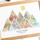 A personalized adventure map print with seven triangular vintage map sections in wooden frame
