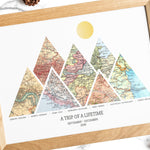 A personalized adventure map print with seven triangular vintage map sections in wooden frame