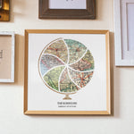 Terra Carta™ Map Print with seven maps, hung on a wall amidst a gallery of wall decor