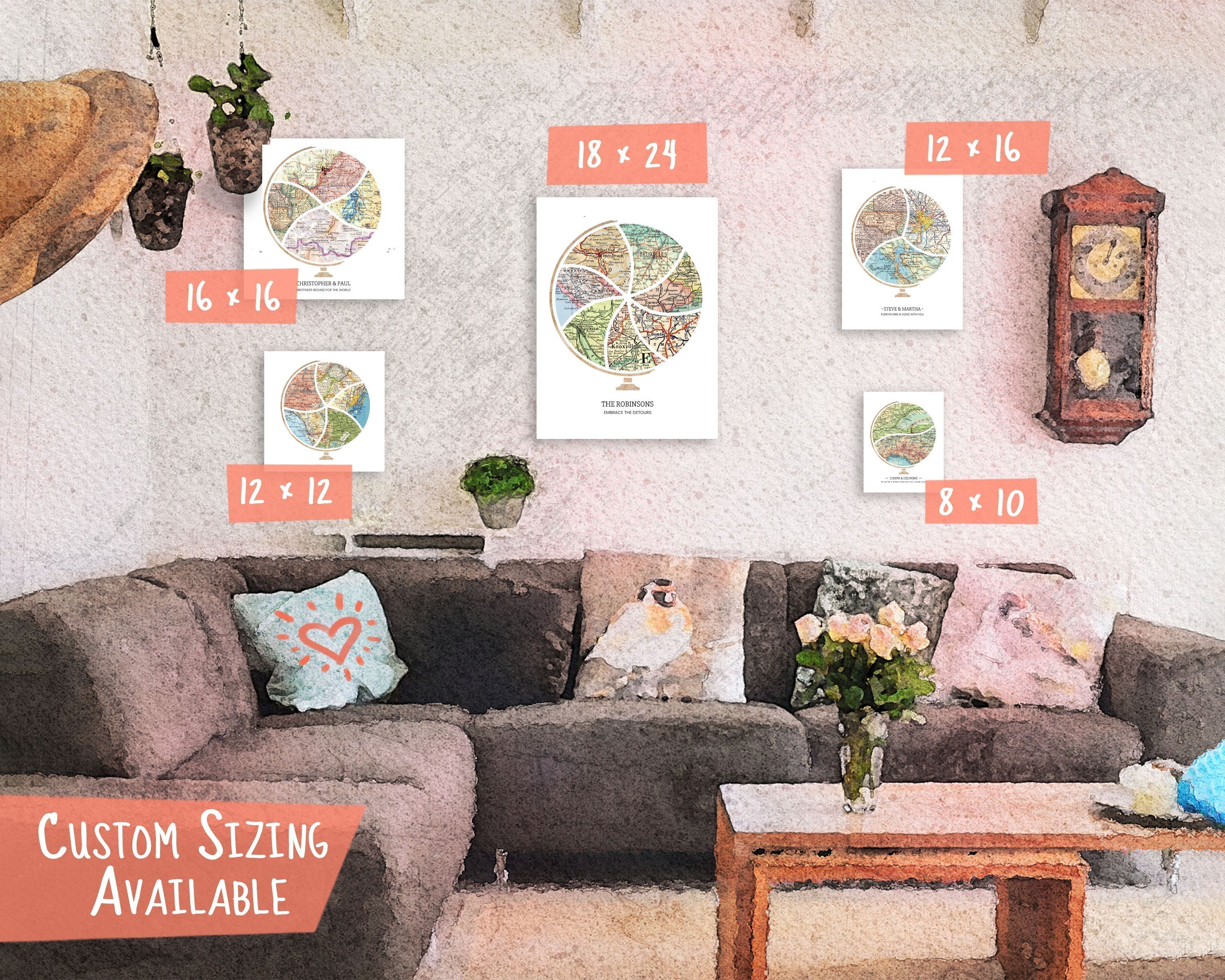 A watercolor representation of all the sizes available: 8×10, 12×12, 12×16, 16×16, 18×24