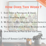 How does this work?
1. Every order is personalized and unique
2. Select your frame & size
3. We select the best maps based on your instructions
4. You get to approve or request revisions for art
5. upon approval, we print & ship your order
Defects Shipment lost? We always make it right.