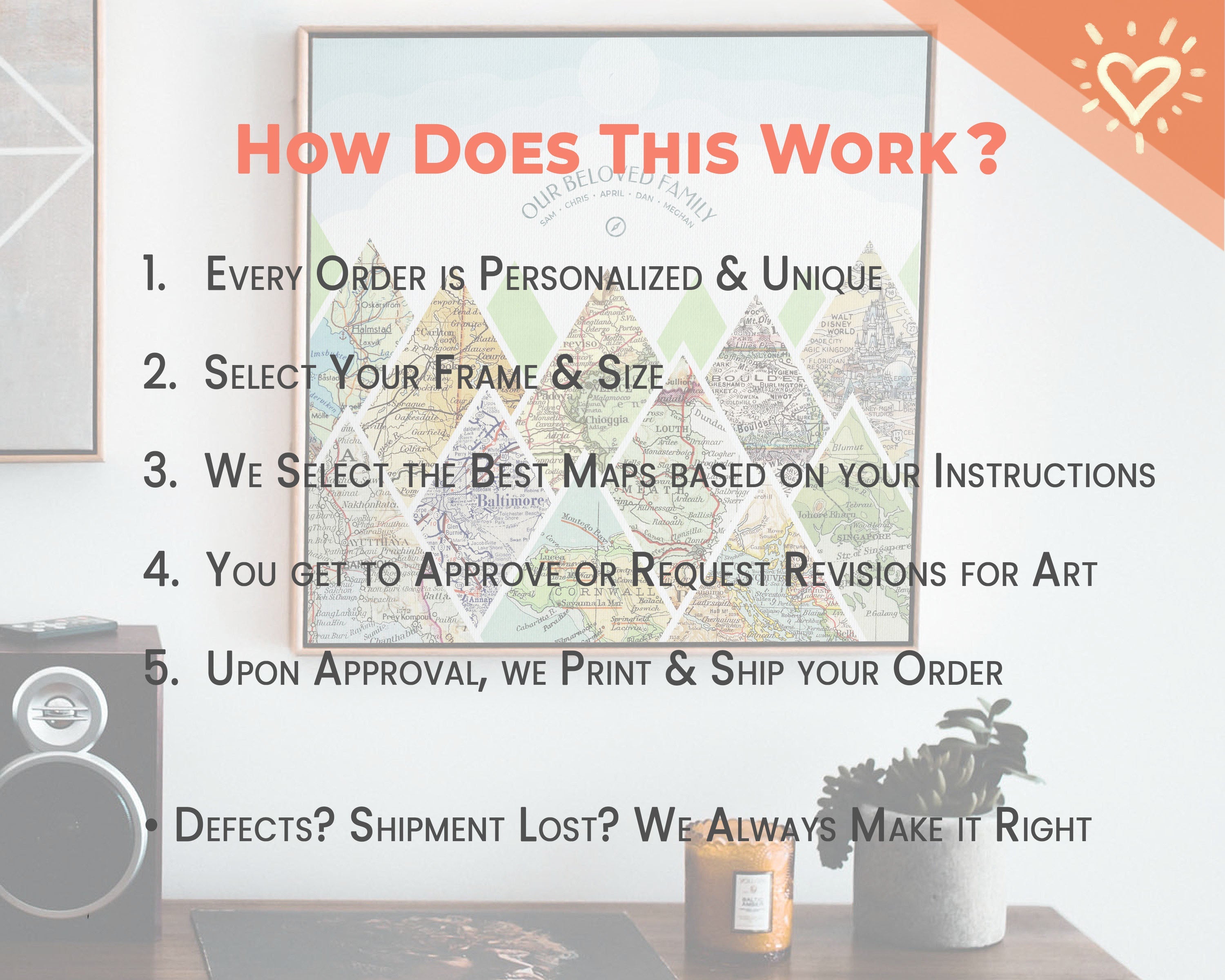 How does this work?
1. Every order is personalized and unique
2. Select your frame & size
3. We select the best maps based on your instructions
4. You get to approve or request revisions for art
5. upon approval, we print & ship your order
Defects Shipment lost? We always make it right.
