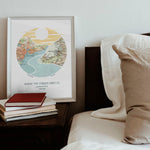 River scape relief with inset maps in hills. Bedside table.