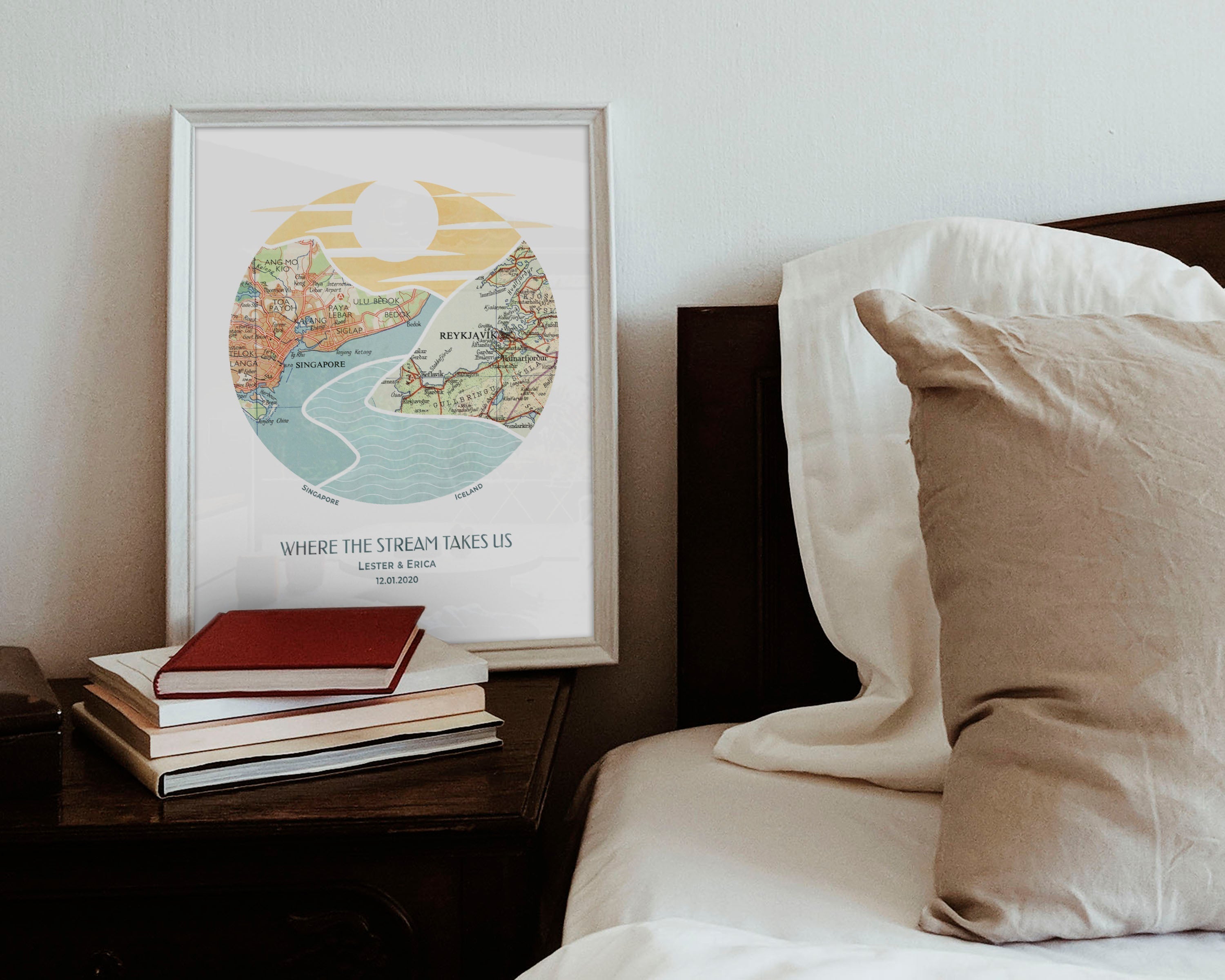 River scape relief with inset maps in hills. Bedside table.