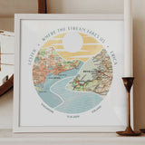 journey river map print two maps white frame. River scape relief with inset maps in hills.