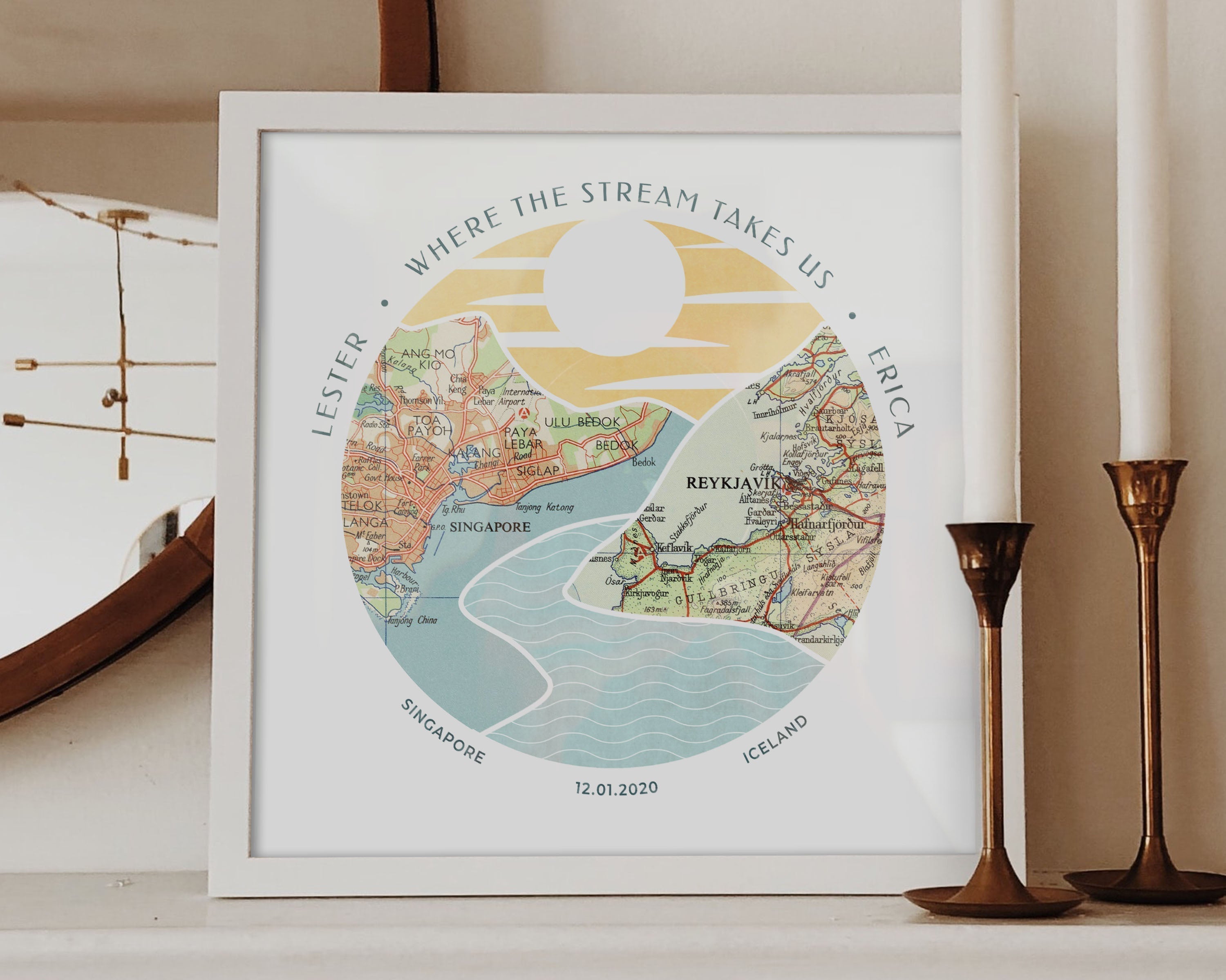 [Print Only|12x12|2 Maps|Print + Custom Frame] A riverscape with hills with inset maps.