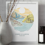 journey river map print three maps white frame. River scape relief with inset maps in hills. Vases in foreground.
