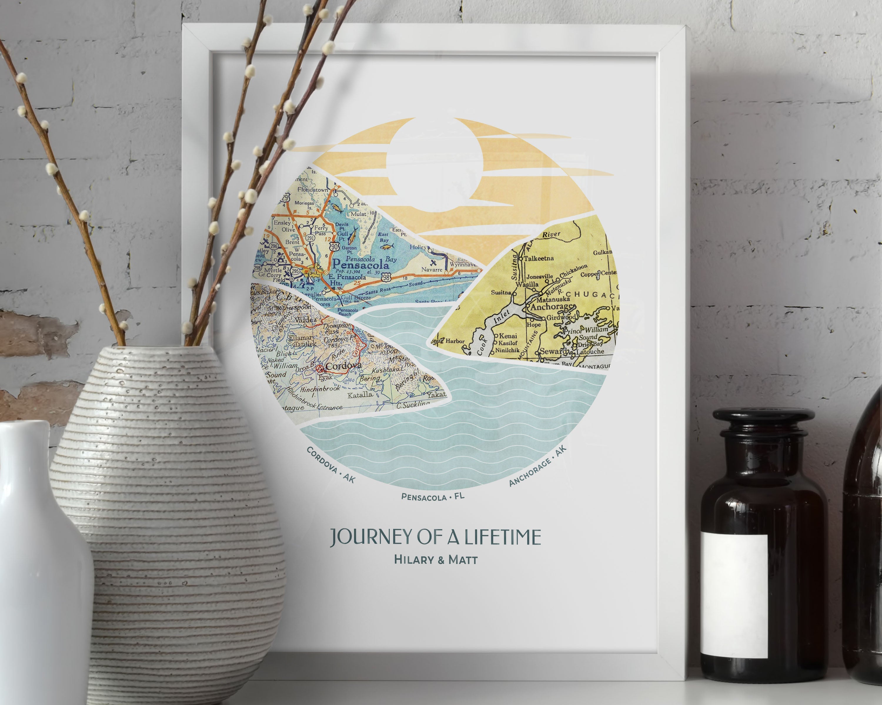 journey river map print three maps white frame. River scape relief with inset maps in hills. Vases in foreground.