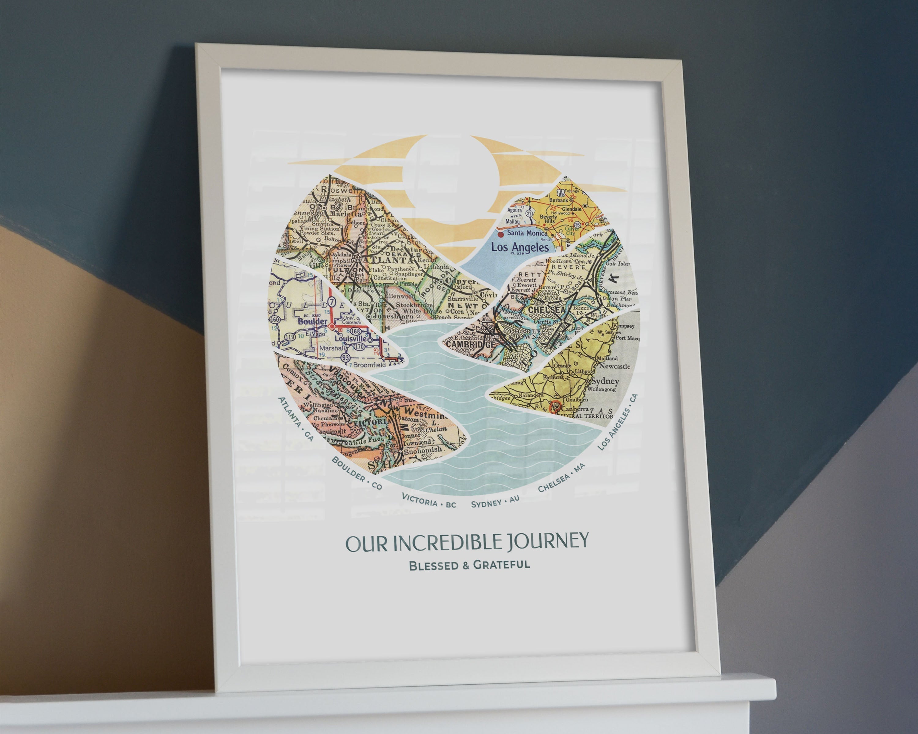 journey river map print six maps white frame. River scape relief with inset maps in hills.
Leaning against colorful wall